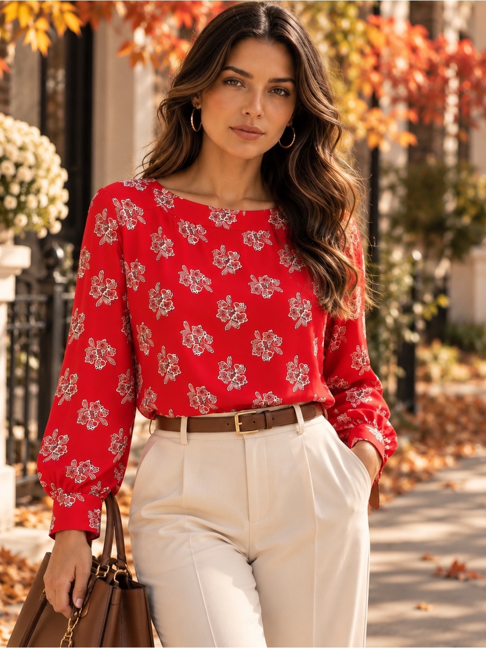 Red Floral Blouse XL Long Sleeve Romantic Elegant Fall Top